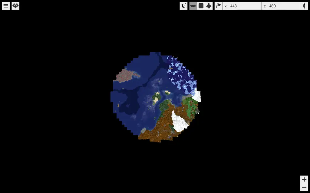 A real BlueMap preview of BMC Eden’s spawn region: coastlines, forests, and snowy biomes
